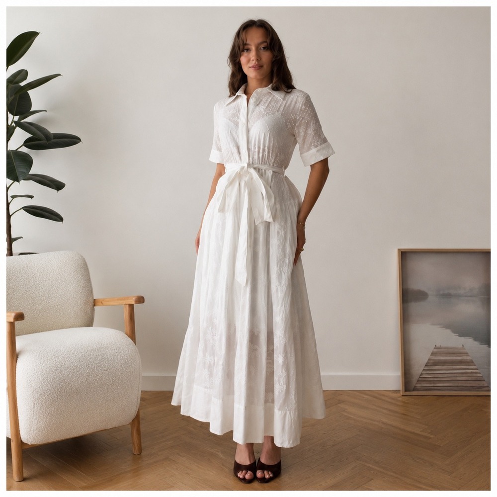 Antonio Melani White Eyelet Floral Embroidered Shirt Dress Womens Size 8 Cottage